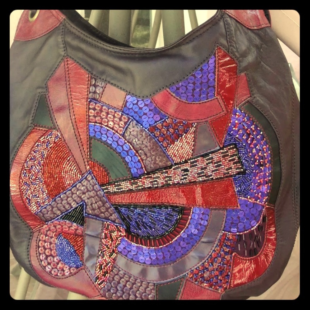 BEBE EMBELLISHED LEATHER HOBO PURSE